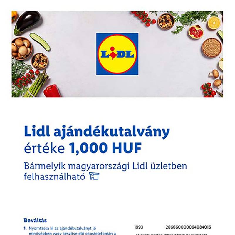 Lidl ajándékutalvány 1000 HUF értékben, friss zöldségekkel és gyümölcsökkel körülvéve.