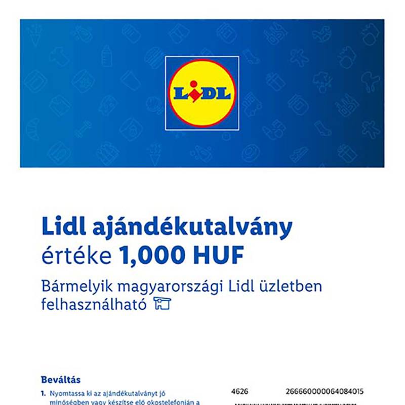Lidl ajándékutalvány 1000 Ft értékben, élelmiszerekkel és háztartási cikkekkel díszített kék háttérrel.