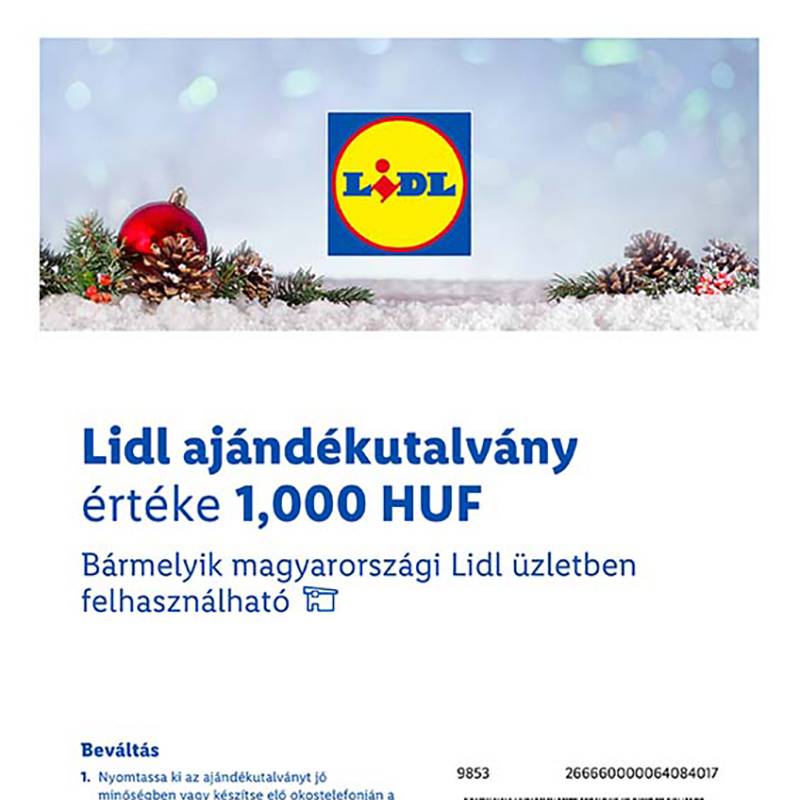 Lidl ajándékutalvány 1000 HUF értékben, karácsonyi dekorációval.