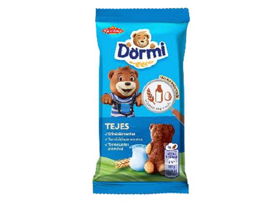 Kék csomagolású, tejjel és gabonával készült mackó alakú kekszek.