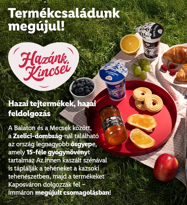 Reggeli piknik joghurttal, süteményekkel, gyümölcsökkel és mézzel, a „Hazánk Kincsei” felirattal.