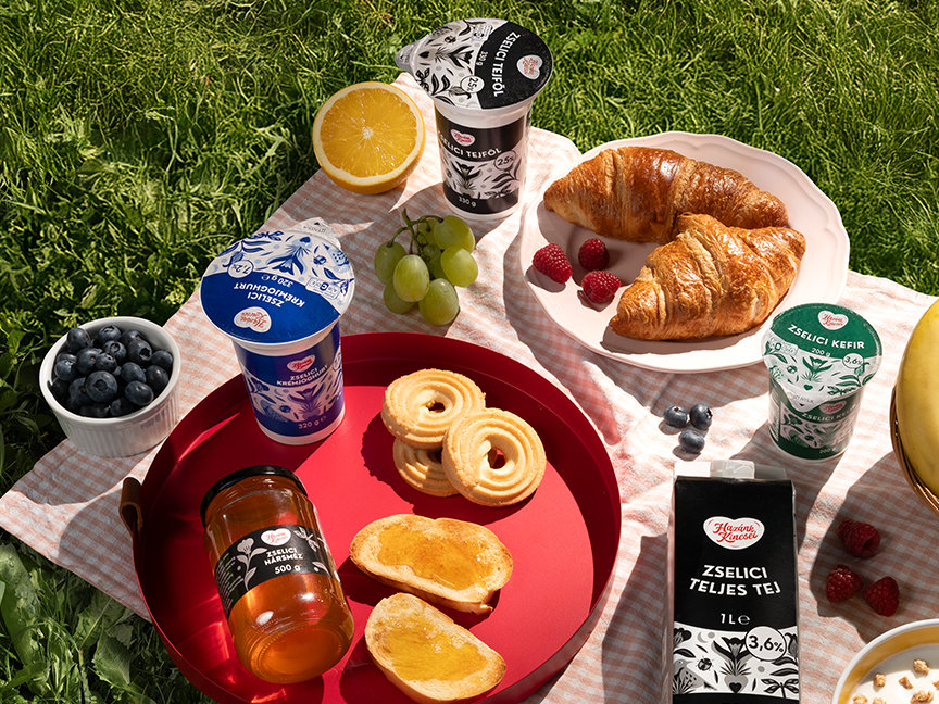 Reggeli piknik a fűben, Zselici tejtermékekkel, mézzel, croissant-nal és gyümölcsökkel.