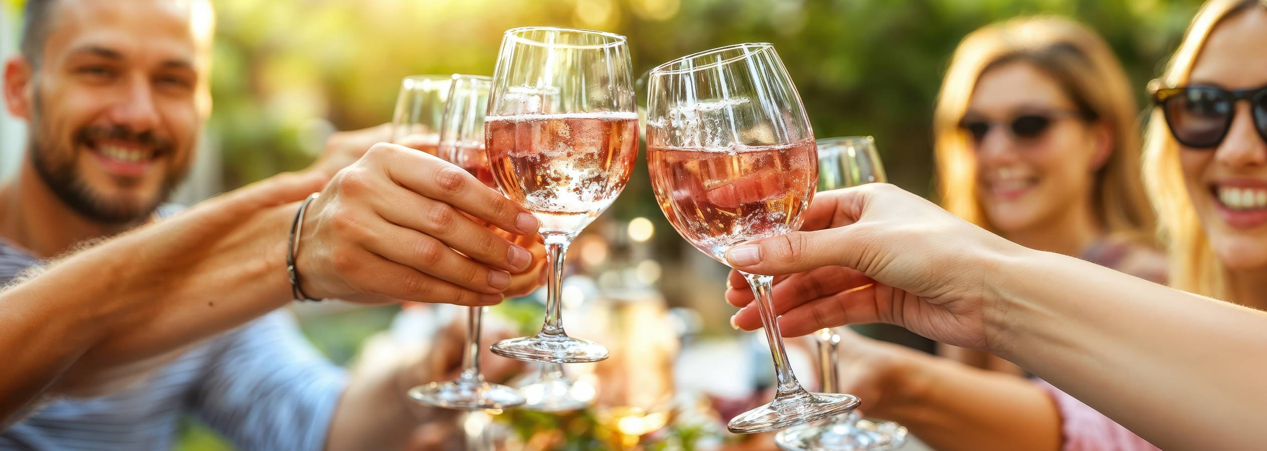 Négy barát rosé bort iszik egy napsütötte kerti összejövetelen.