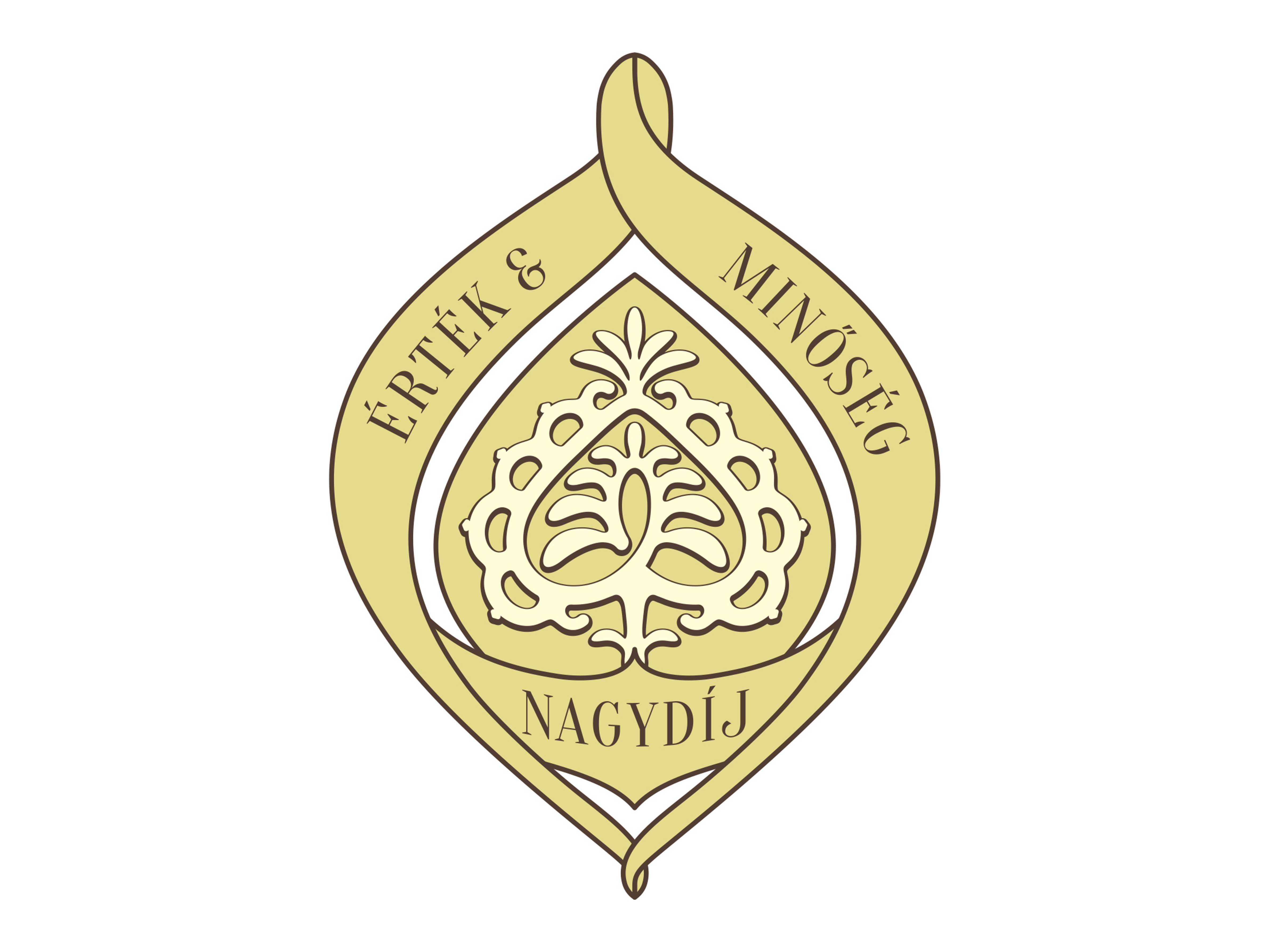 Arany színű, stilizált levél alakú logó, benne „ÉRTÉK & MINŐSÉG” és „NAGYDÍJ” feliratokkal.