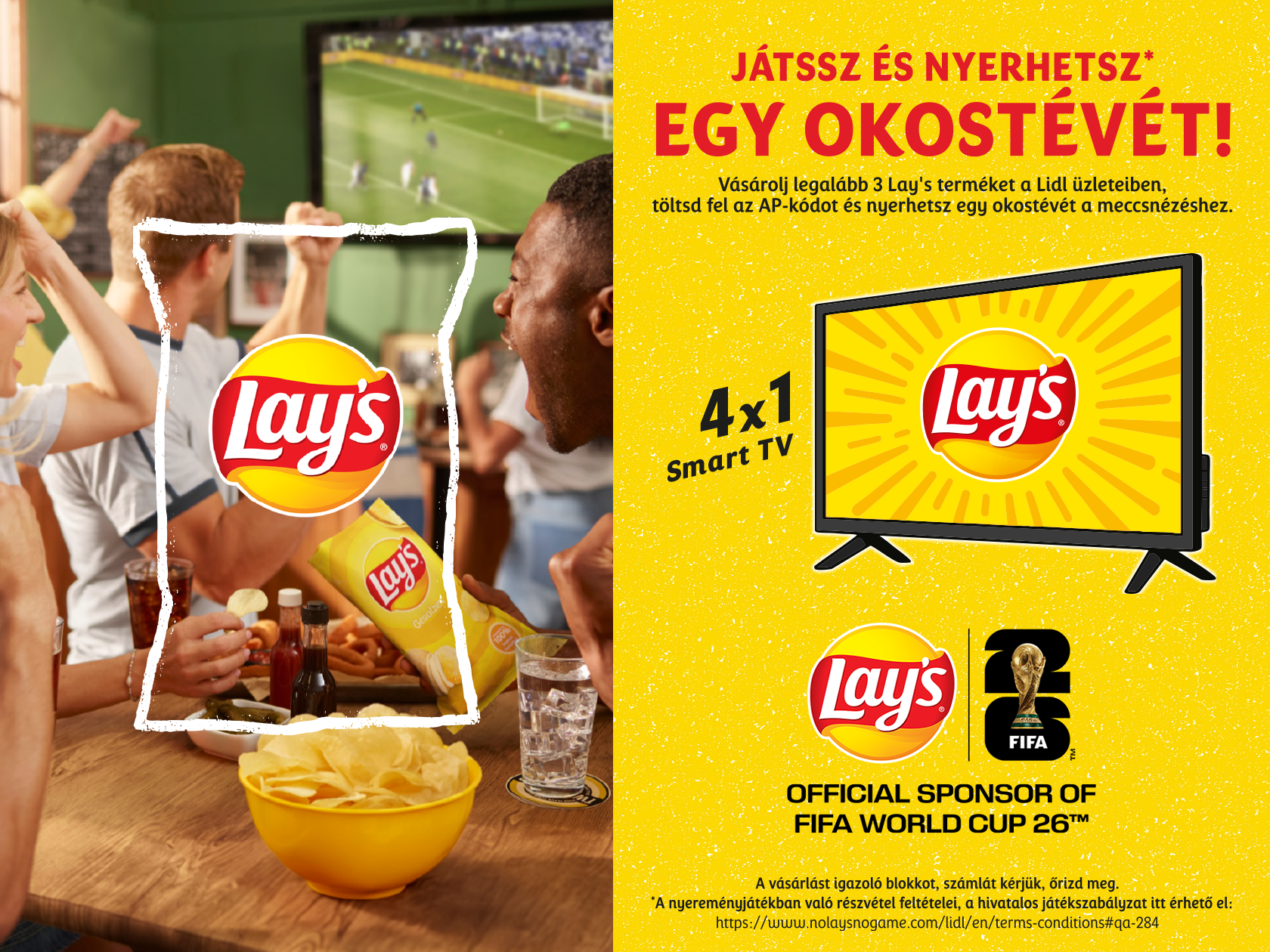 Focimeccset néző barátok chips-szel és italokkal, nyereményjáték hirdetéssel okostévé nyerési lehetőséggel.