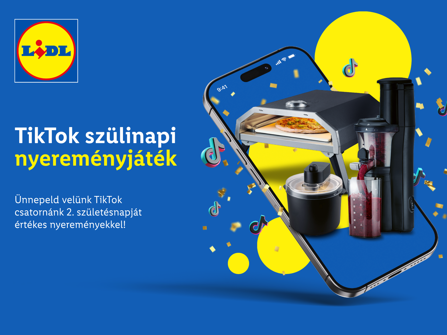 TikTok születésnapi nyereményjáték pizzakemencével, gyümölcscentrifugával és fagylaltgéppel.