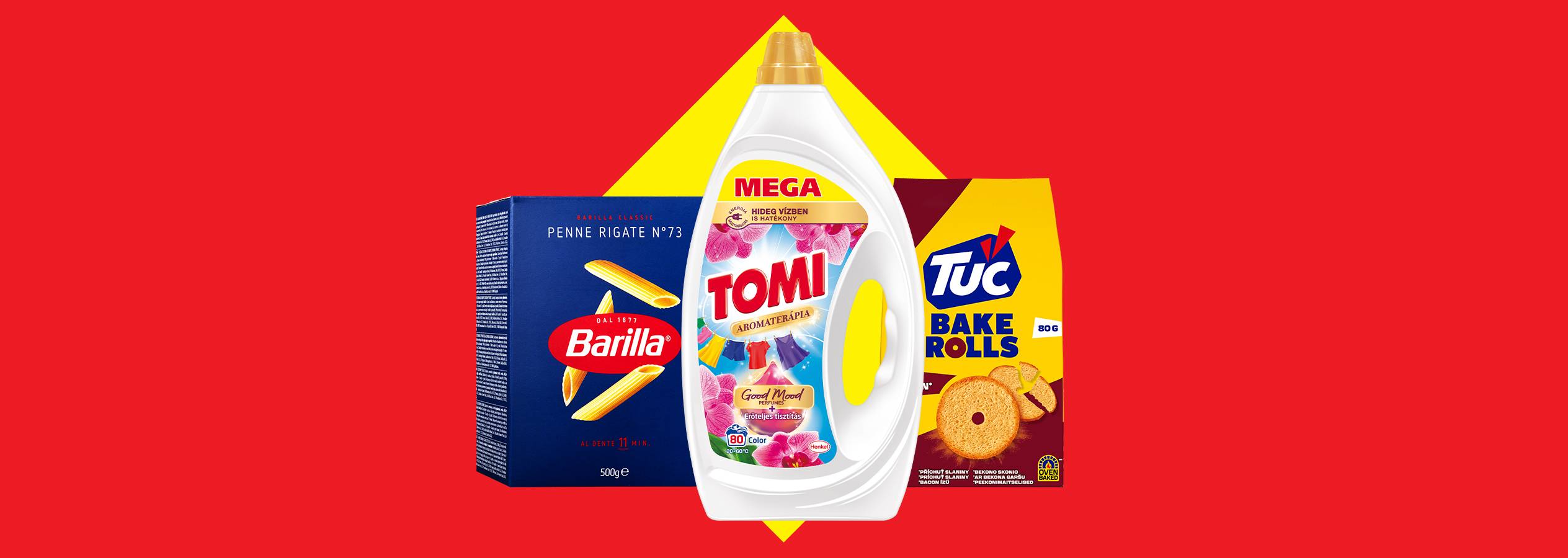 Barilla tészta, Tomi mosószer és Tuc kekszek egy piros alapon.