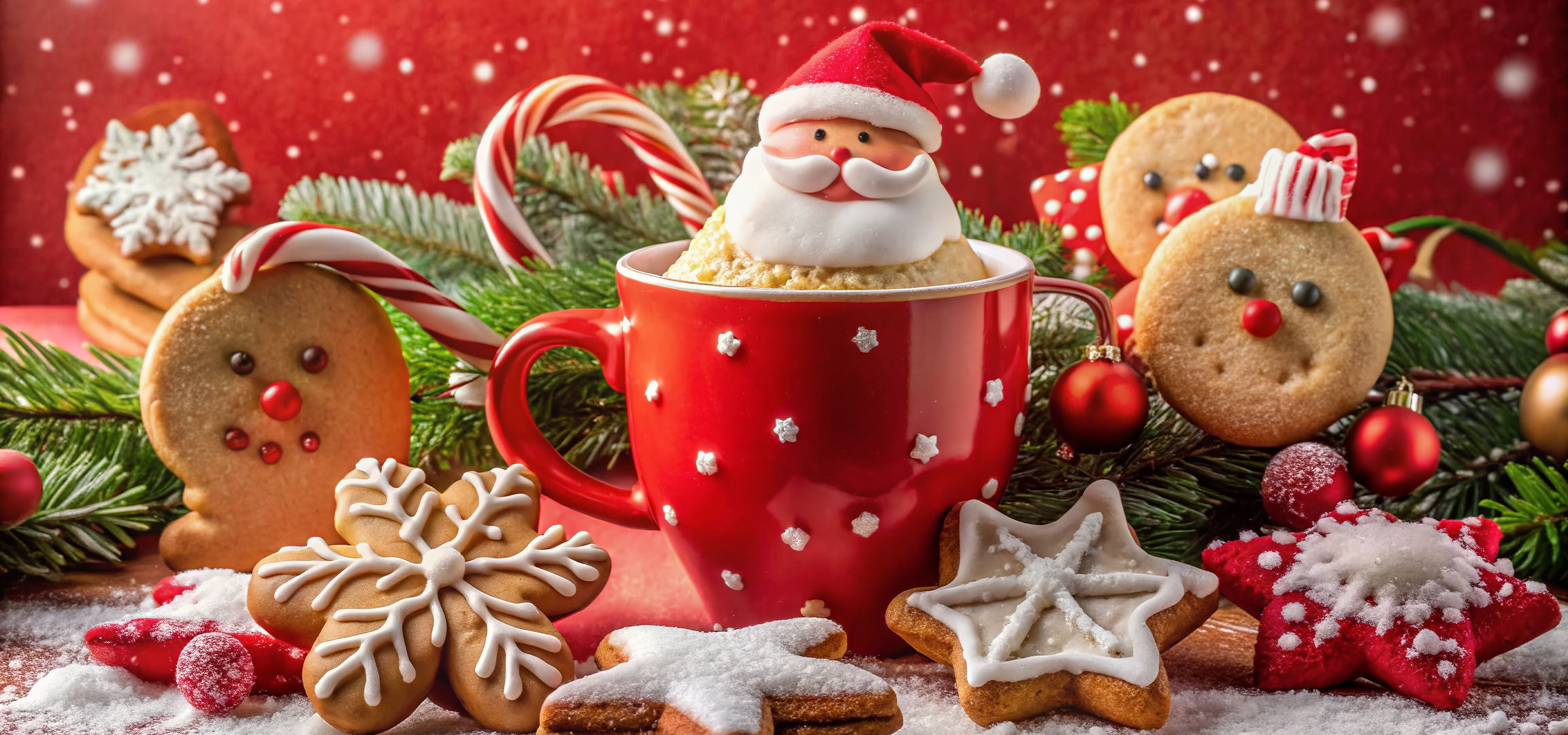 Karácsonyi mézeskalácsok, cukorkák és egy Mikulás figura egy piros bögrében, havas háttérrel.