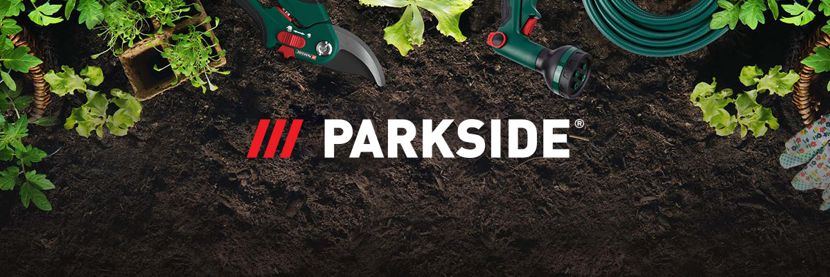 Parkside kerti szerszámok: metszőolló, szórófej, locsolótömlő.