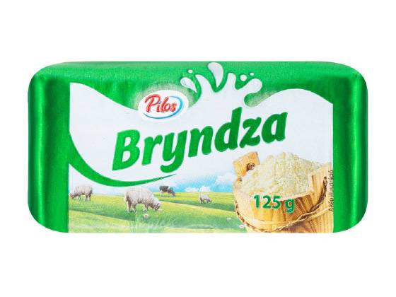 Pilos Bryndza juhsajt, 125g-os kiszerelésben, zöld csomagolásban, juhokkal a mezőn.
