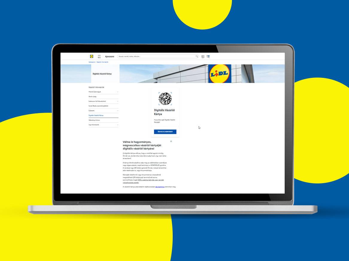 LIDL digitális vásárlói kártya regisztráció laptop képernyőn.