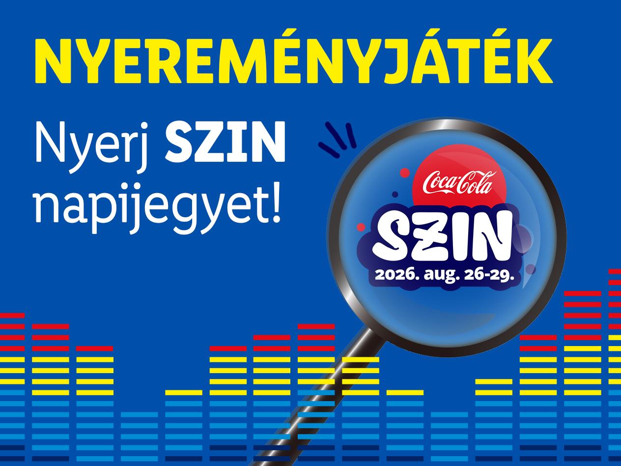 Nyereményjáték hirdetés, amely egy fesztivál logóját és dátumát mutatja nagyító alatt.