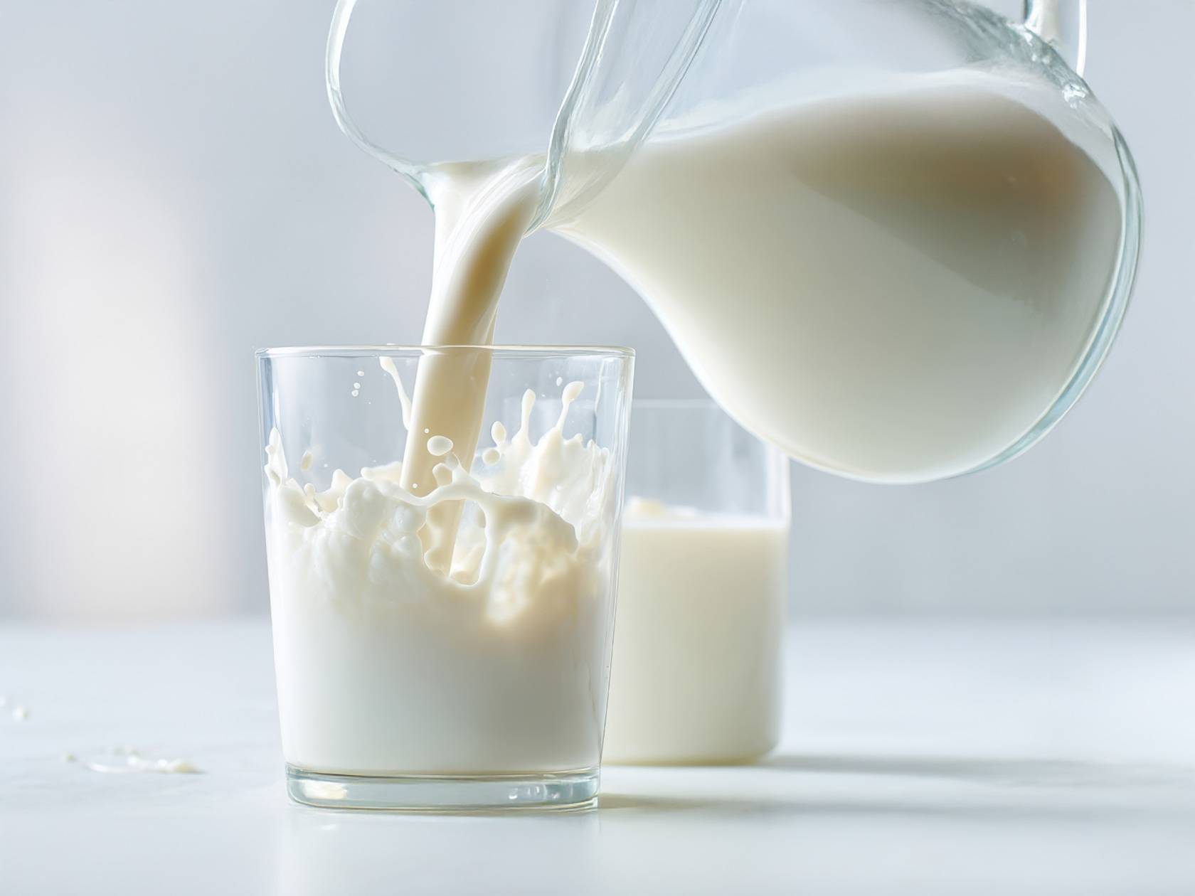 Tejet öntenek egy kancsóból egy pohárba, fröccsenő tejjel.
