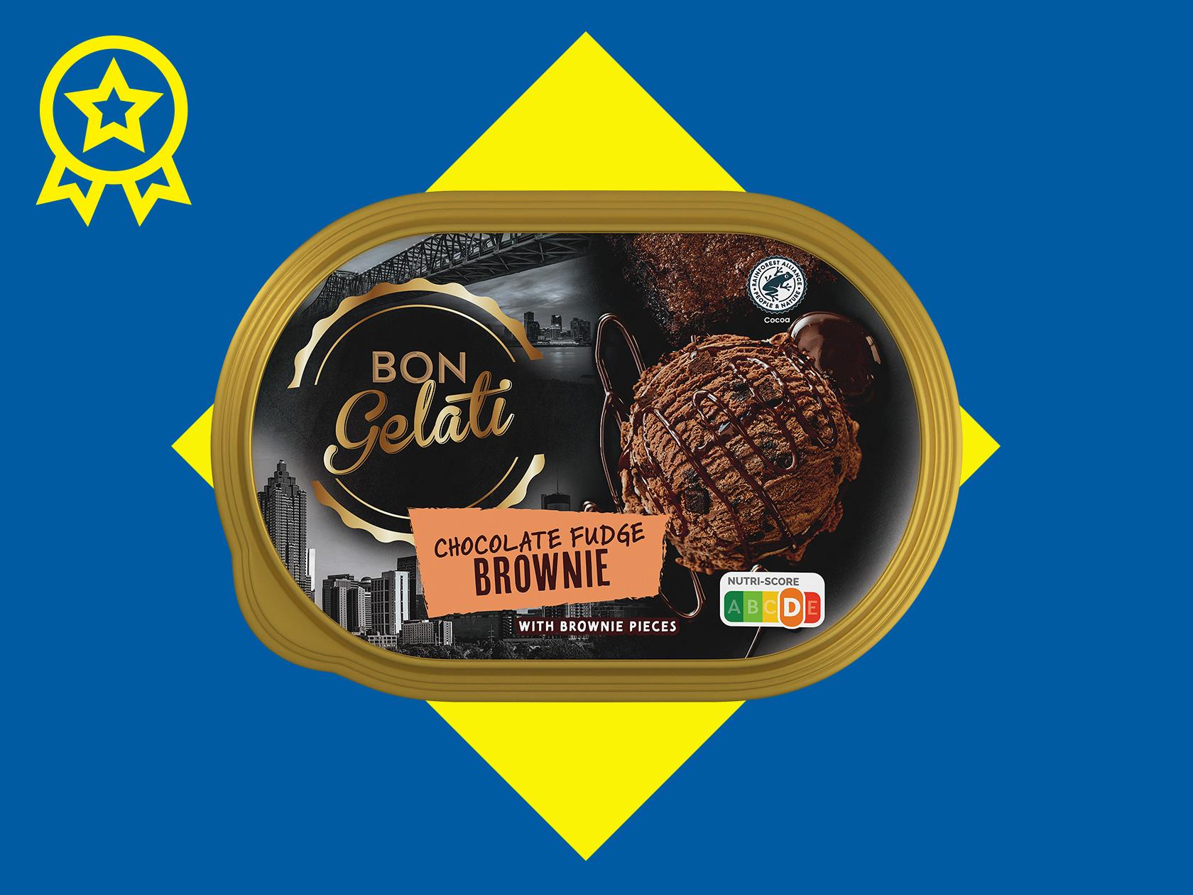 Csokoládés fudge brownie fagylalt, Nutri-Score D jelöléssel.