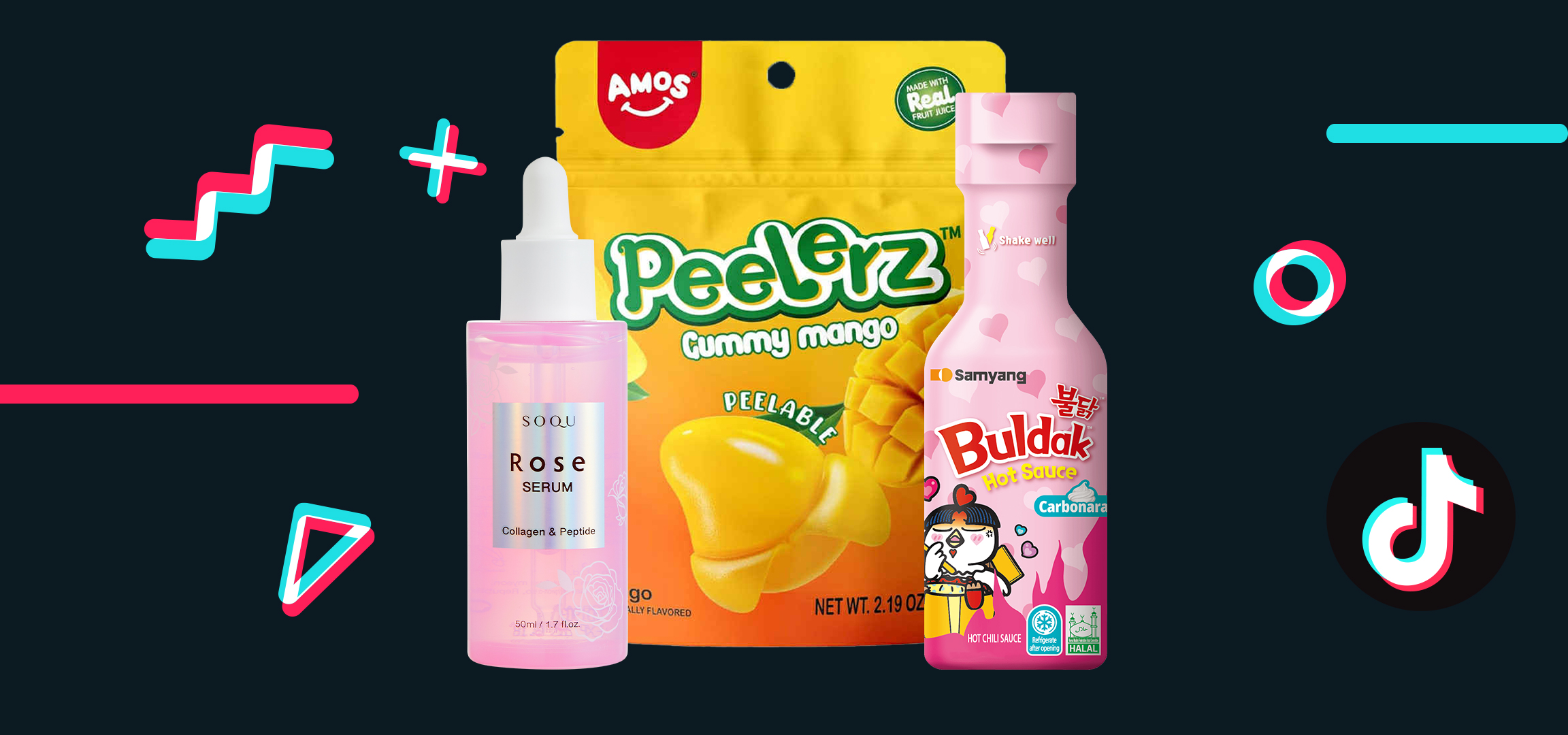 Rózsaszérum, Amos Peelerz mangó gumicukor és Buldak Carbonara csípős szósz TikTok stílusú háttérrel.