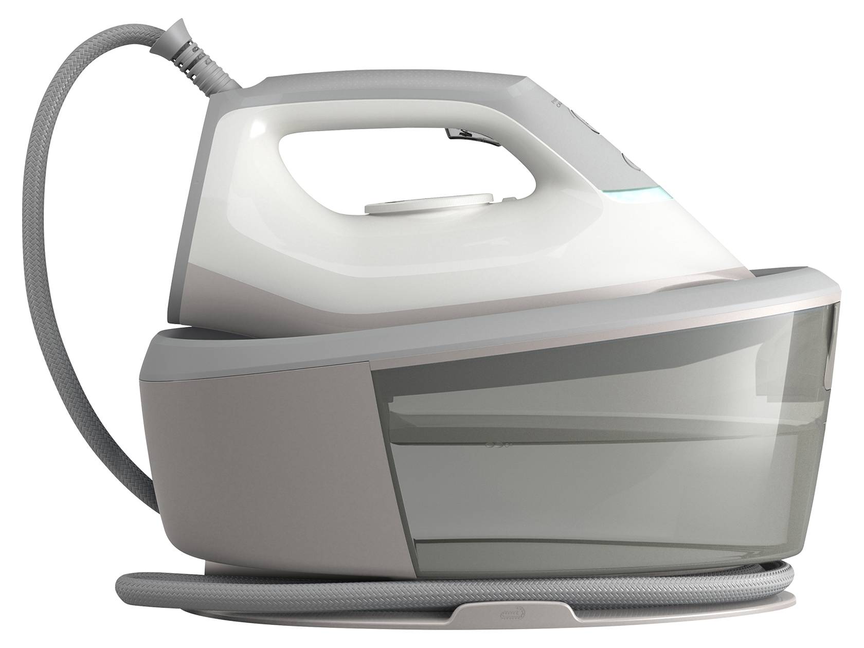 Fehér és szürke gőzállomásos vasaló, átlátszó víztartállyal.