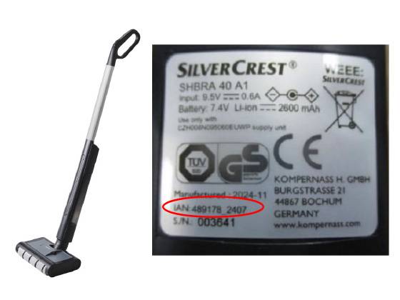 SilverCrest porszívó és a termék adatai a gyártói címkével.